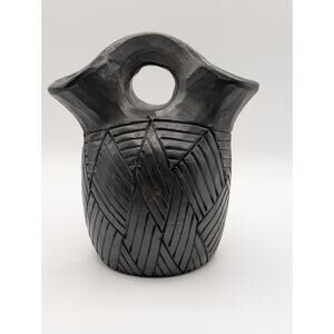 Cherokee Black Pottery Wedding Vase Signed Bigmeat Hand Carved Native...
